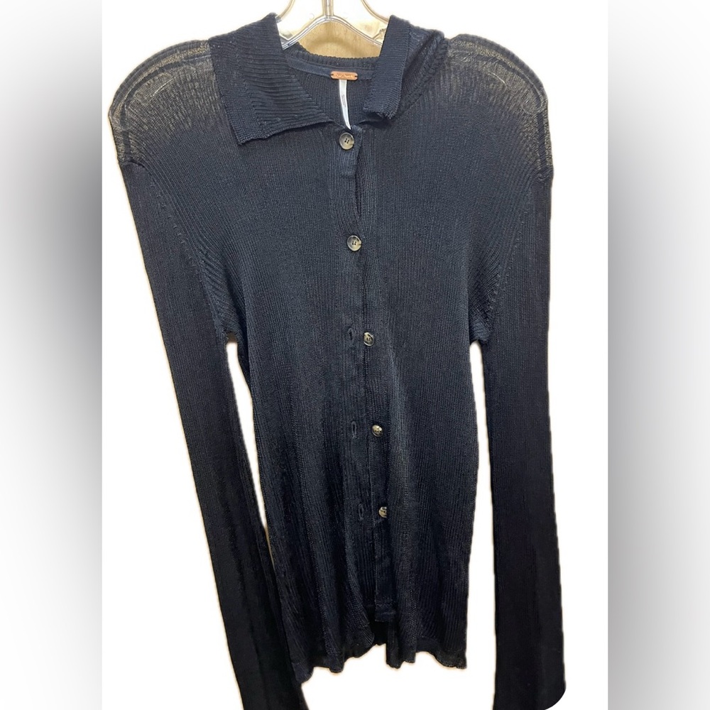 Free People Black Slinky Viscose Ribbed Cardigan Sweater Top